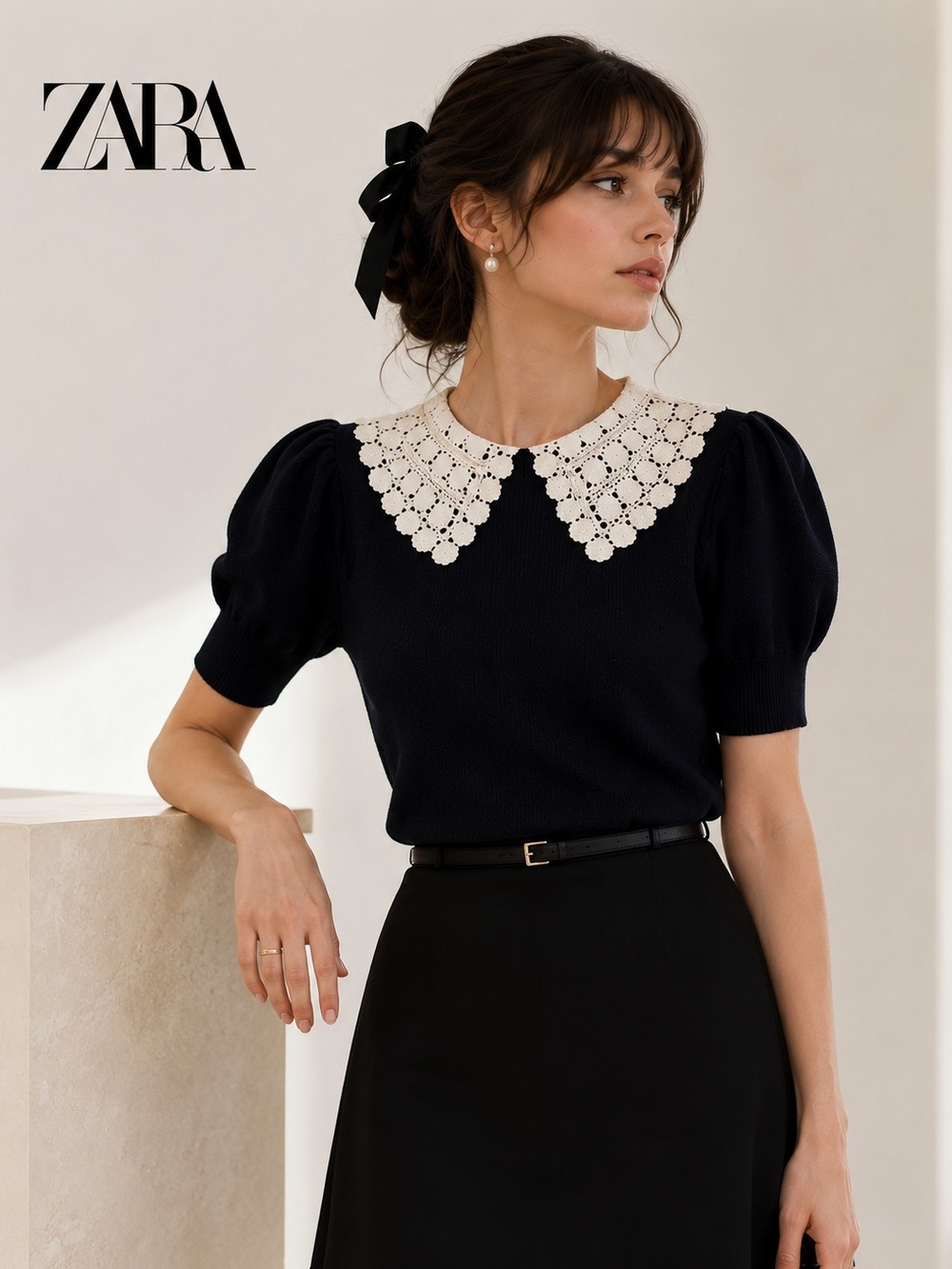 Zara Wool Sweater M Crochet Peter Pan Collar Jumper Knit Navy Blue Coquette Top